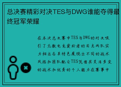 总决赛精彩对决TES与DWG谁能夺得最终冠军荣耀